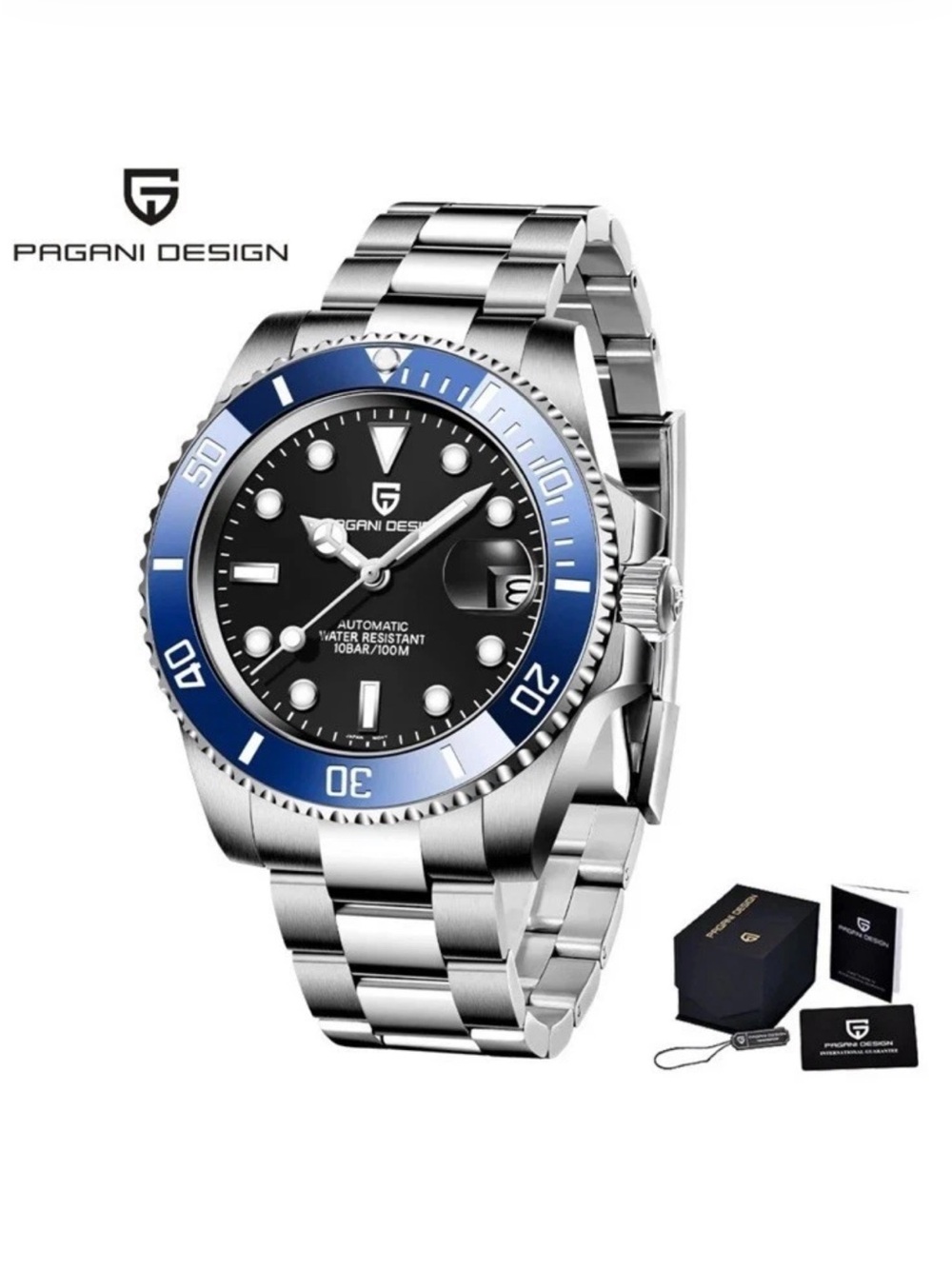 PAGANI DESIGN Men's Silver Stainless Steel Watch w/ Blue Bezel box & papers